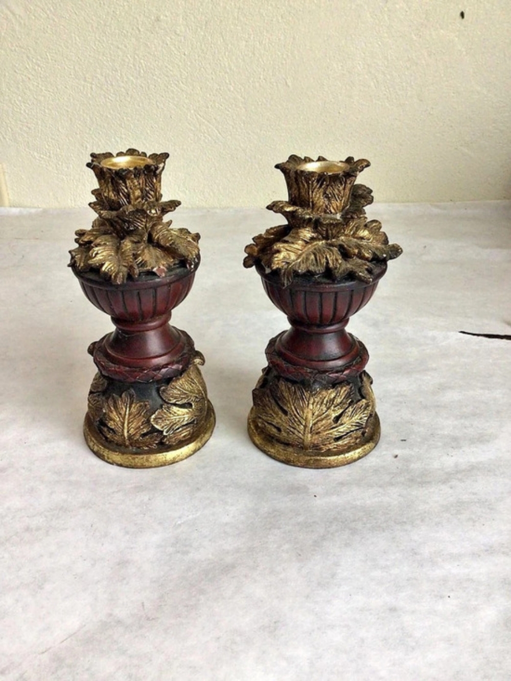 Pair Ornate Candleholders in Brown & Gold
